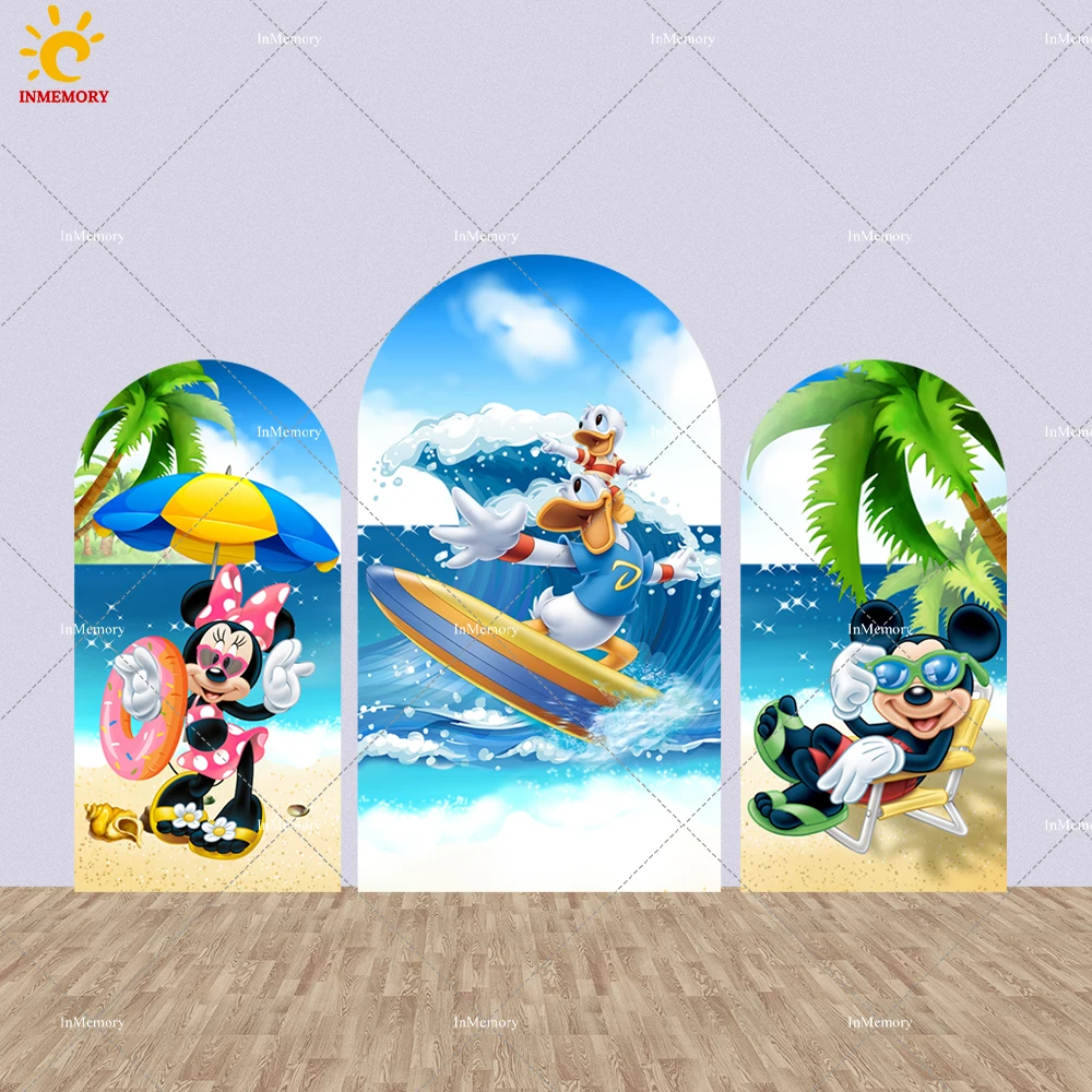 

Cartoon Minnie Mickey Surfing Birthday Chiara Arch Backdrop Cover Swimming Photo Background Wall Doubleside Prints