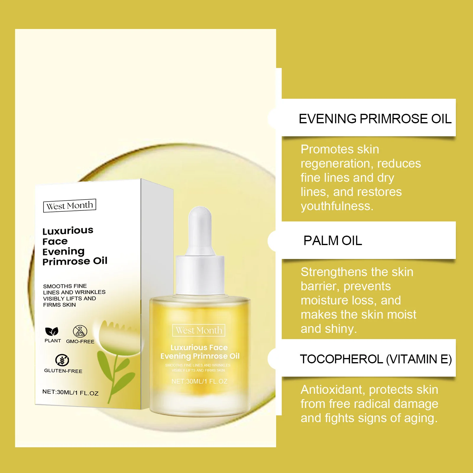 Evening Primrose Oil Deeply Nourishing Smooth Fine Lines Wri-nkles Removal Reduce Dryness Anti-Ag-ing Repairing Facial Essence 5