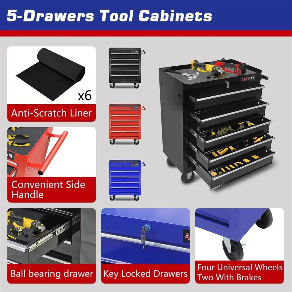 5-Drawer Steel Rolling Tool Box on Wheels Garage Workshop Organizer Storage Chest Black Anti-Rust High Capacity Portable with 4