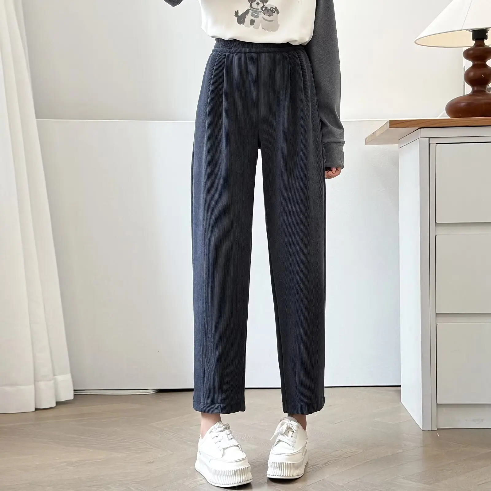XXXXL Fashion Plus Size Women's Harem Pants For Autumn And Winter Casual Elastic Waist Fleece Ankle-Length Trousers 053