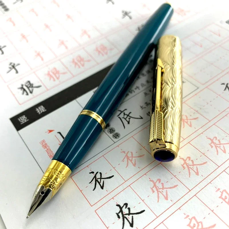 Yong sheng 601A 웨이브 골든 캡 진공 만년필, F 펜촉 솔리드 다크 블루, 학교 사무용품 선물 펜
