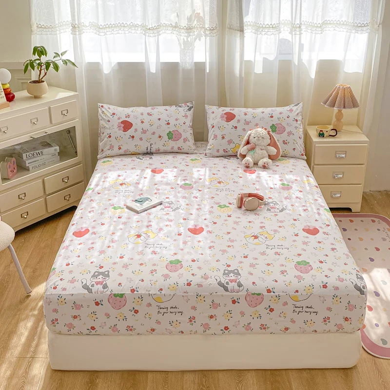 2025 New Bed Hat Print Cartoon Water Clouds Cotton Bedspread Student Mattress Cover Skin Friendly Full Wrap with Elastic Sheet 2