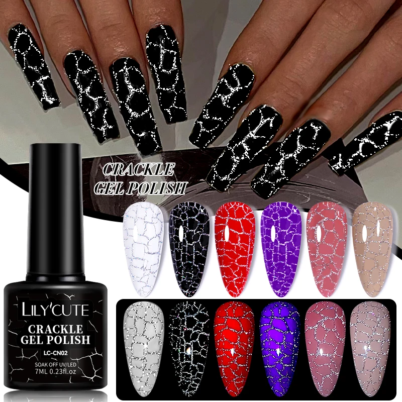 LILYCUTE 7ml Crackle Gel Nail Polish Quick Natural Air Dry Marble Cracking Effect Full Coverage Manicure Nail Art Gel Varnish