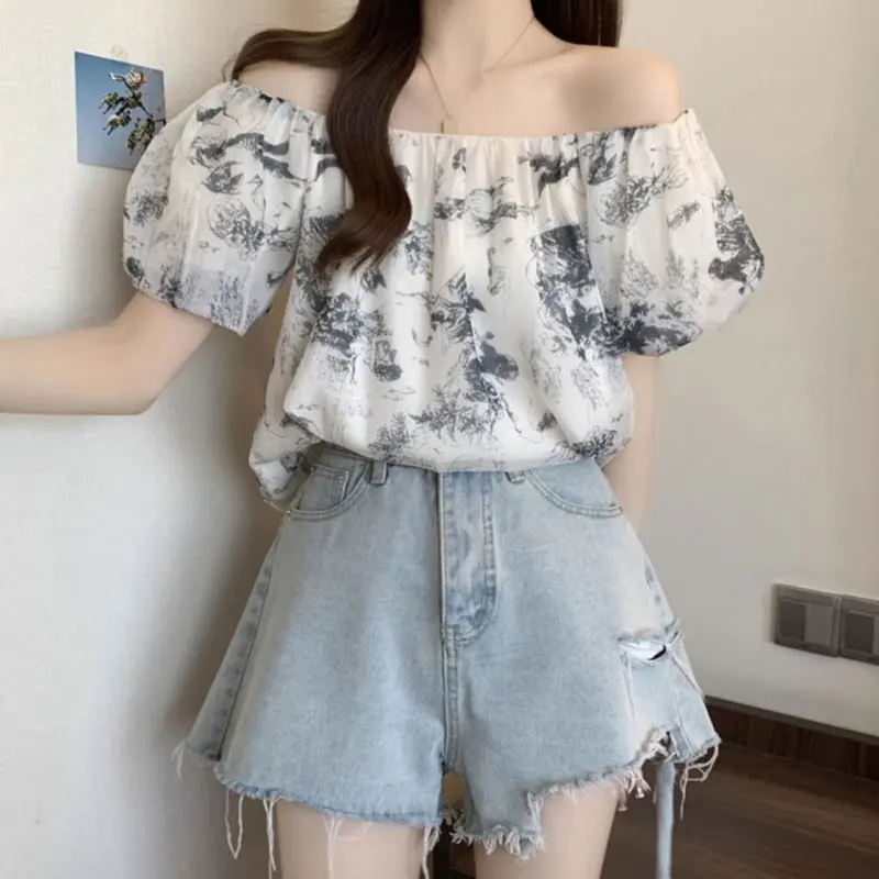 Chinese Style Ink Painting Shirt Summer Sweet Puff Sleeve Female Clothing Elegant Square Collar Loose Basic Stylish Folds Blouse