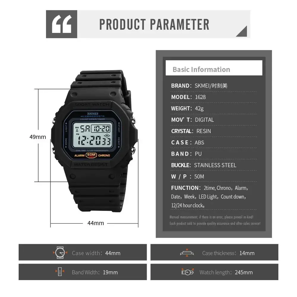 SKMEI 1628 Luxury Digital Men Watches Sports Waterproof Electronic Mens Wristwatches Military Back Light Clock 1988 Reloj Hombre 6