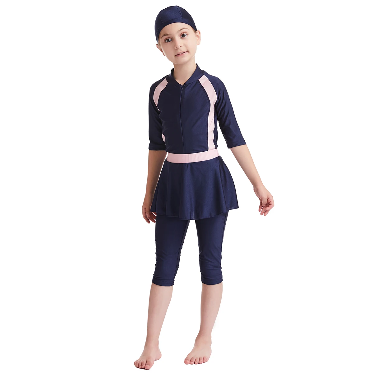 Summer Muslim Girls Color-matching Half Sleeves Zipper Jumpsuits Swimming Clothes 3-12 Years 3 PCS Swimsuits
