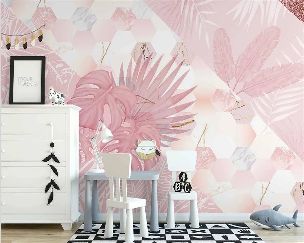 

beibehang papel de parede Custom new Nordic hand painted pink geometric plants pink background wallpaper papier peint