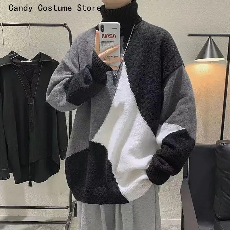 Korean Fashion Knit Top Men Clothing Casual Sweaters for Men High Collar Pullover Patchwork Loose Long Sleeve Autumn Winter