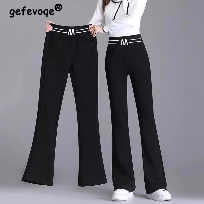 

Women Korean Fashion High Waist Elegant Slim Flare Pants Autumn Winter Female Black Plush Thick Stretch Trousers Y2K Pantalones