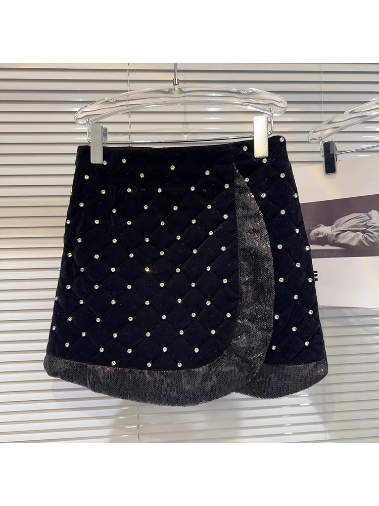 

HIGH STREET New Fashion 2024 Runway Designer Skirt Women's Diamond Sequin Lace Patchwork Velvet Skirt