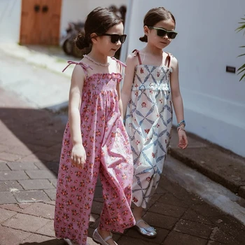 Summer Girls' Retro Floral Suspender Jumpsuit Suspender Loose Wide Leg Pants European and American Style Children Kids Rompers