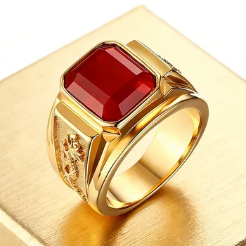 Vintage Golden Alloy Men's Rectangle Crystal Ring Carved Dragon Band Statement Signet Ring Fashion Party Jewelry Gift 1