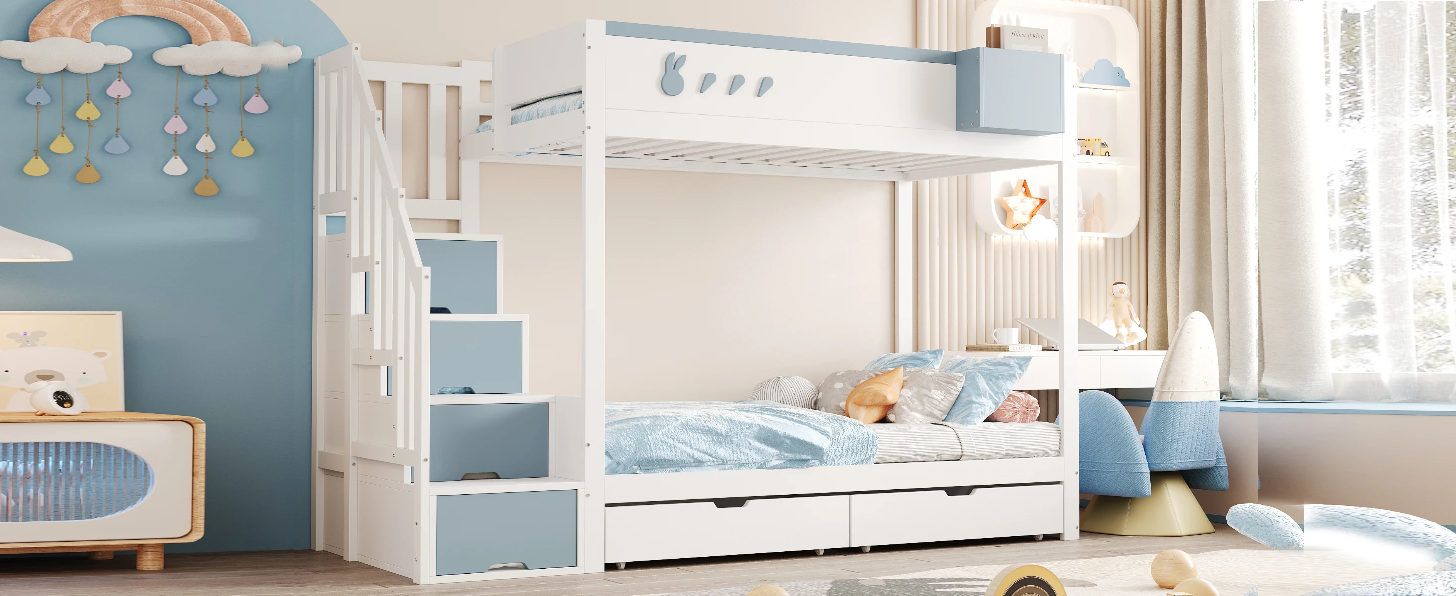 Etagenbett für Kinder, 90*200 cm, mit Hasen- und Karottenmotiven, abnehmbarem Ablageregal, sicherer Aufbewahrungstreppe, Schubladen, Lattenrost. – Detail 8