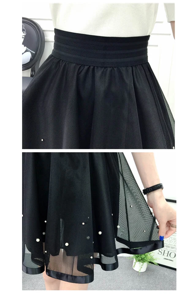 2021 New Spring Summer and Autumn Mesh Short Skirt Elastic Waist Versatile Pengpeng Skirt A-line High Waist Lace Lady Girl Black leather skirt
