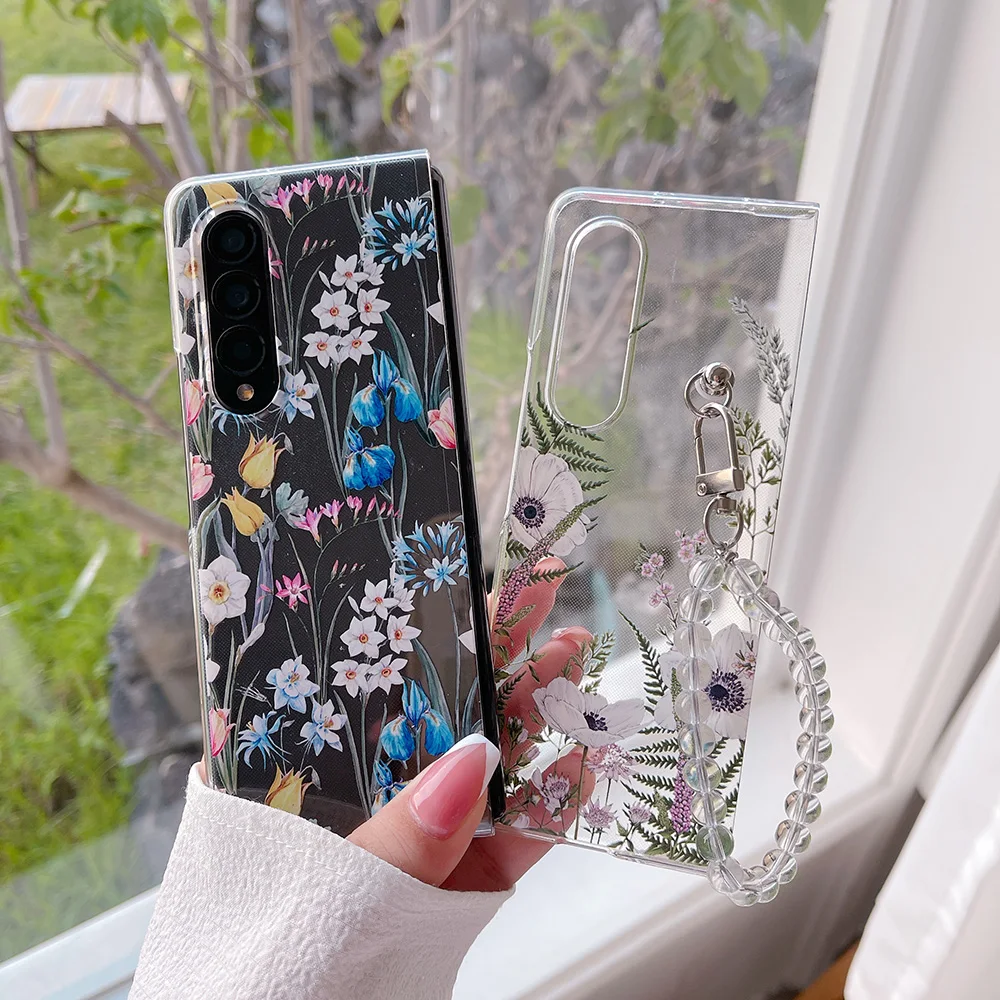 

Z Fold 4 Funda Case for Samsung Galaxy Z Fold 4 Z Fold 3 Hand-Painted Flower DIY Bracelet Transparent Coque Phone Case Cover