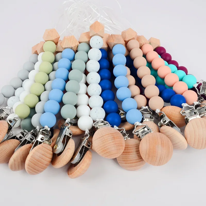 Baby Schnuller Clip Holz Farbe Silikon Bead Säuglings Beißring Schnuller Anti-drop Kette Neugeborenen Sicher Zahnen Spielzeug Dummy Nippel halter