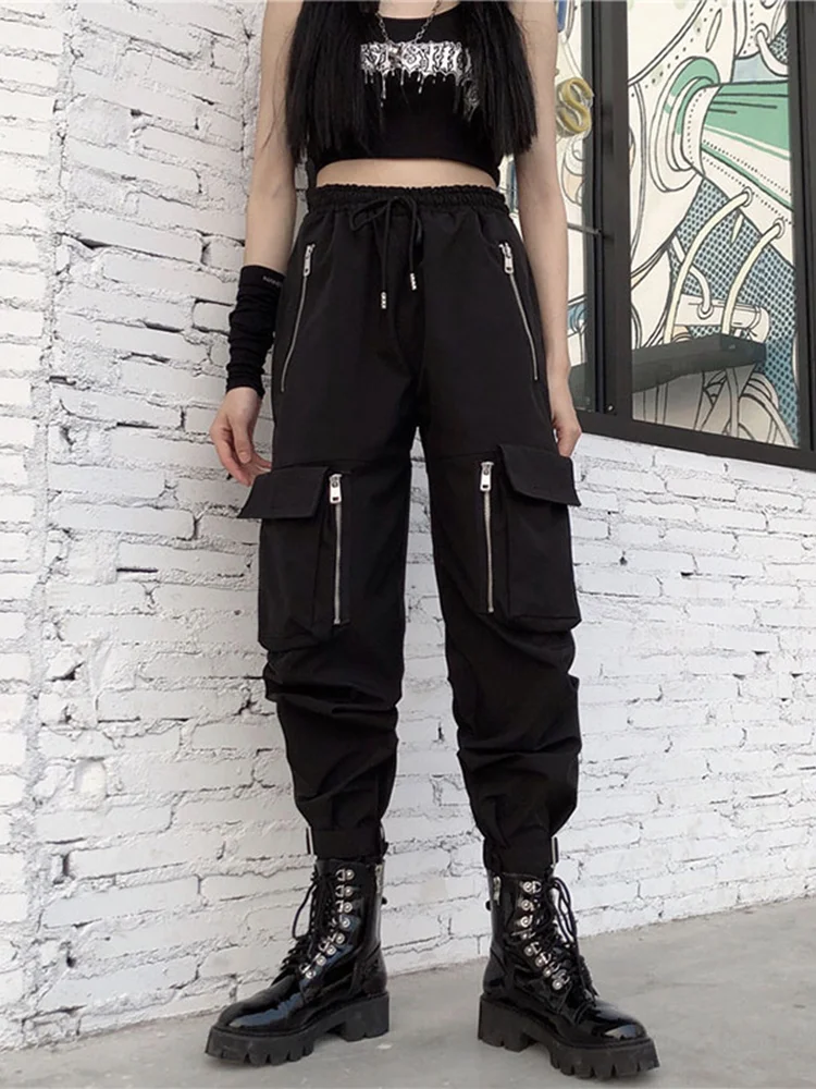 

2023 New Women's Wear Punk Insgoth Pants Haruku Cargo Black Big Poket Zipper High Waist Trousers Streetwear Grunge Loose Goth Cl