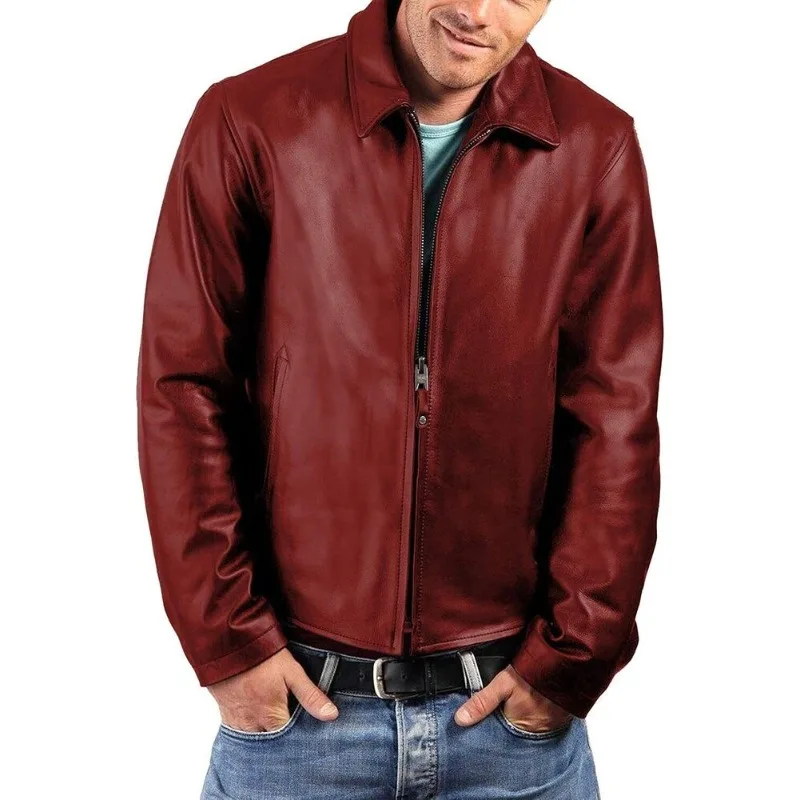 Men's Deep Red Leather Jacket 100% Authentic Jacket European and American Fashion Trend