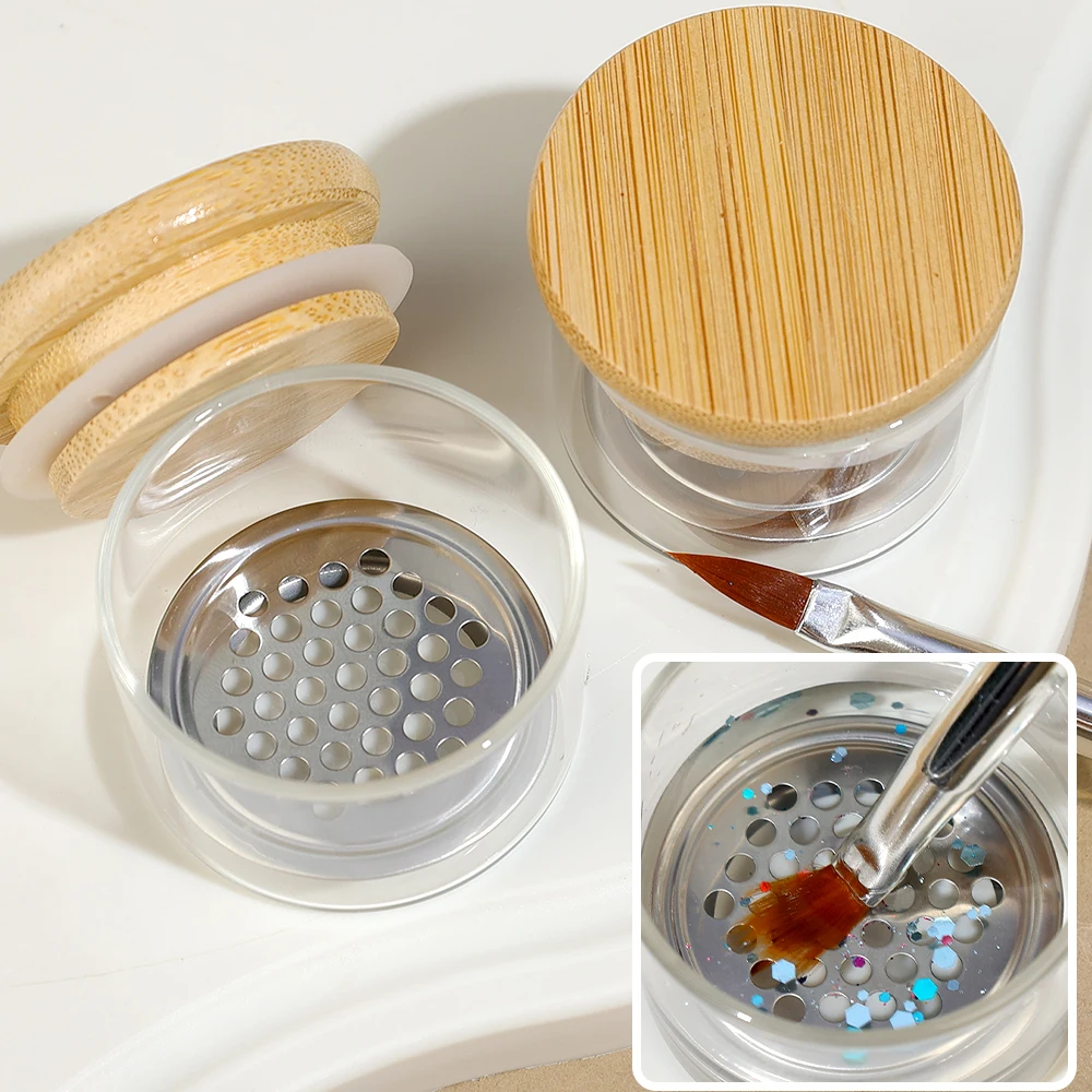 4/1Pc Nail Glitter Wash Pen Cup with Wooden Lid Glass Crystal Cup Stainless Steel Mesh Filter Sequin Phototherapy Brush Tool