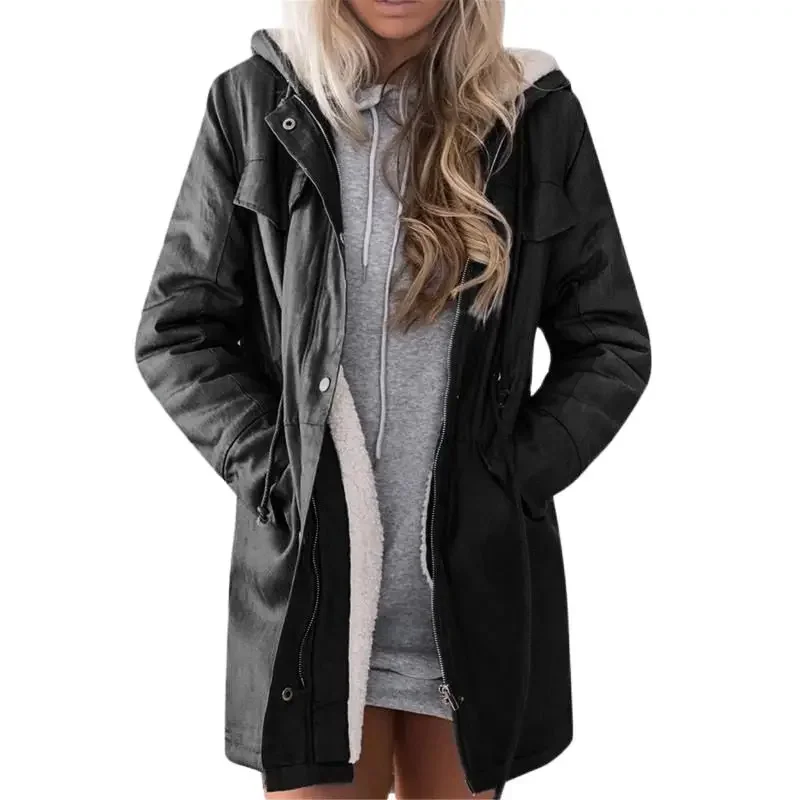 

Women's Fashion Casual Long Sleeve Solid Color Denim Jacket Hooded Jackets Plush Coat Long Jean Outwear Overcoat Female Coats