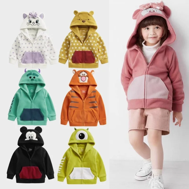 Children's Autumn and Winter fleece hooded jacket Cartoon warm zipper jacket for baby boys and girls