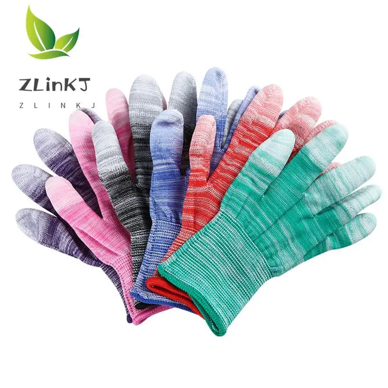 PU Fingers And Palms Gloves Printed Pink Nylon Work Non-Slip Household Labor Protection Gloves For Mechanic Construction 1pair 2