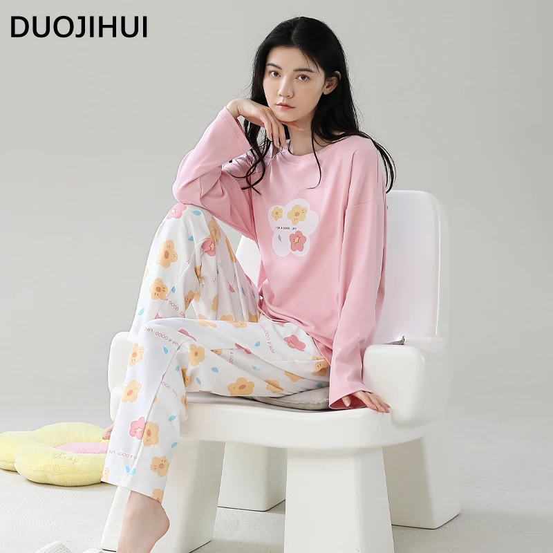 

DUOJIHUI Sweet Autumn New Casual Home Pajamas Set Fashion Print Long Sleeves Pullover Basic Simple Pant Loose Female Pajamas Set