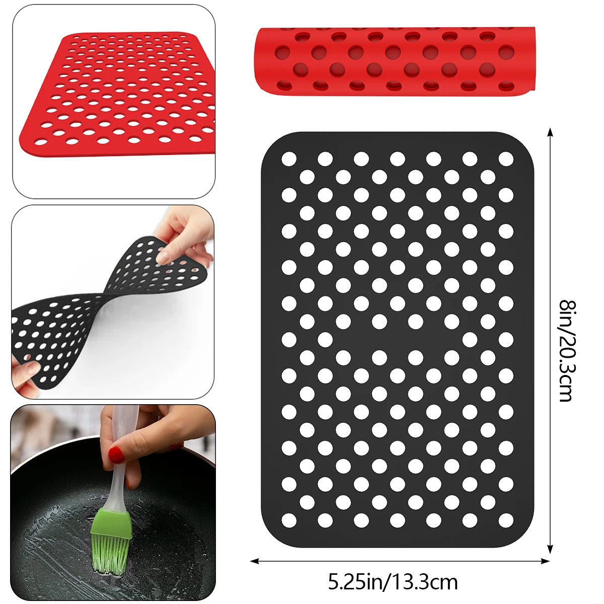 2Pcs Air Fryer Silicone Pad Set with Brush Rectangle Reusable Non-Stick Air Fryer Mat Heat-Resistant for Basket Baking Cooking silicone grill mat