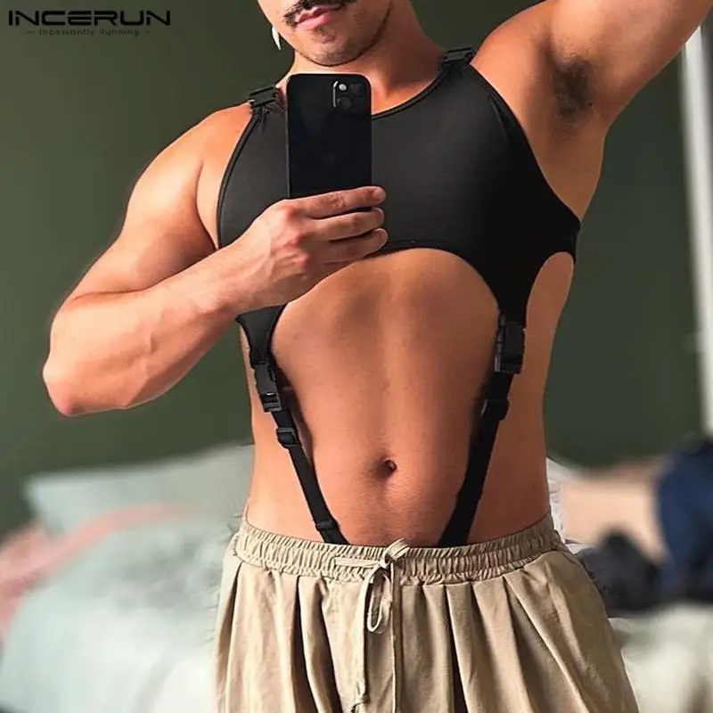 2024 Men Bodysuits O-neck Sleeveless Solid Color Hollow Out Bodysuits Men Streetwear Sexy Skinny Fashion Male Bodysuit INCERUN