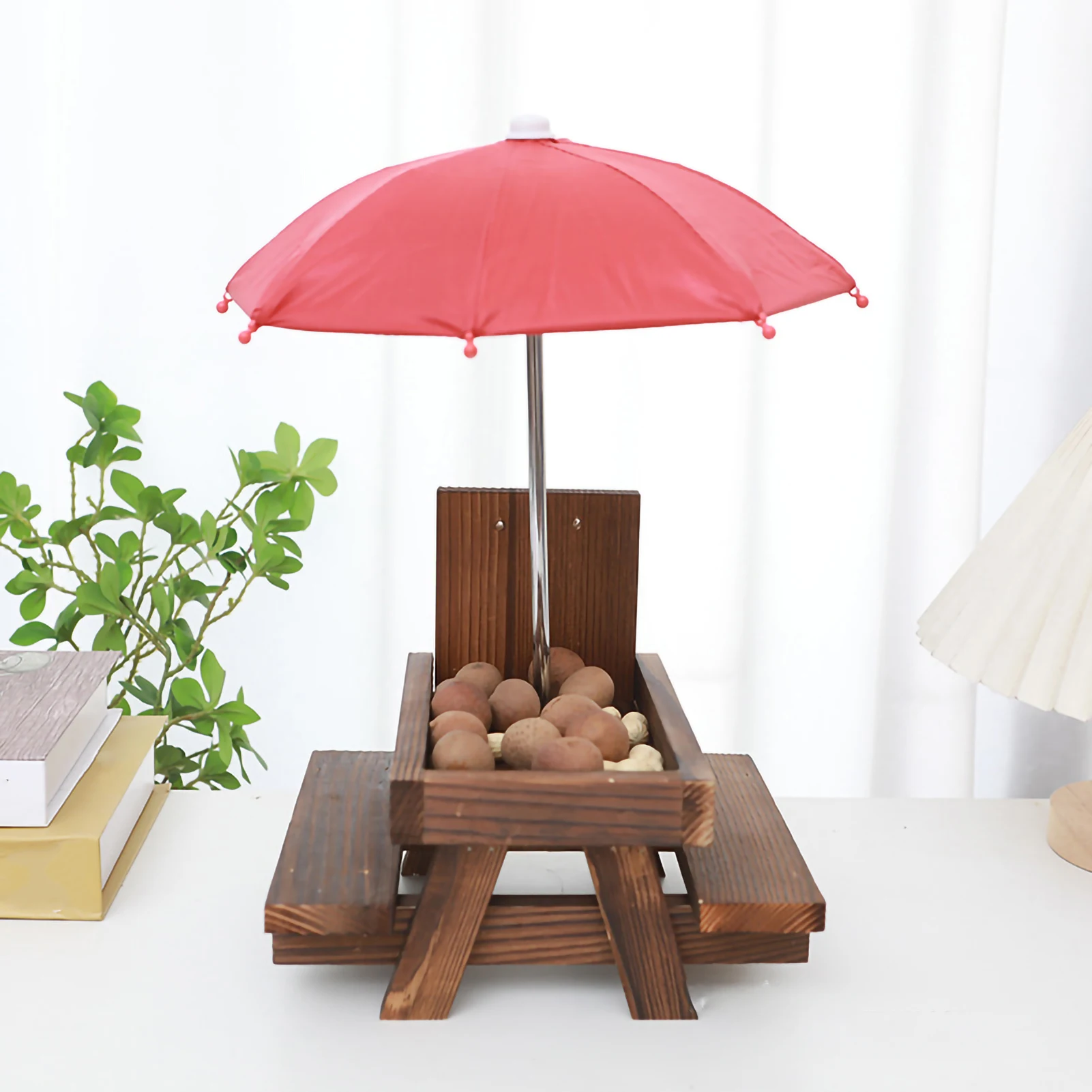 

Wooden Squirrel Feeder Bird Squirrel Feeder Creative Pet Dining Table with Bench Hanging Feeding Table Mini Umbrella Ornament
