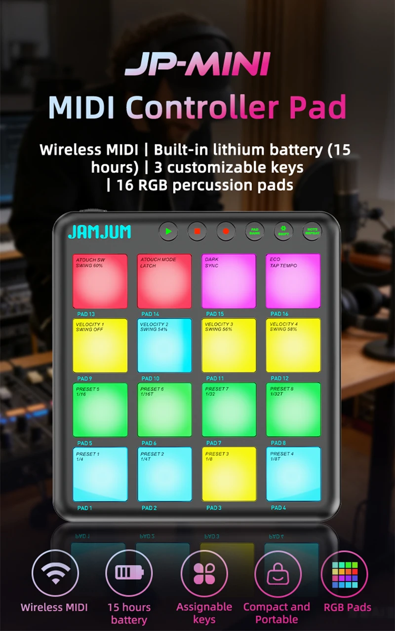 JAMJUM POCKET Beats Kabelloser MIDI-Pad-Controller - 16 RGB-Pads, Bluetooth, Tragbar mit Akku-Betrieb für Musikproduktion – Detail 1