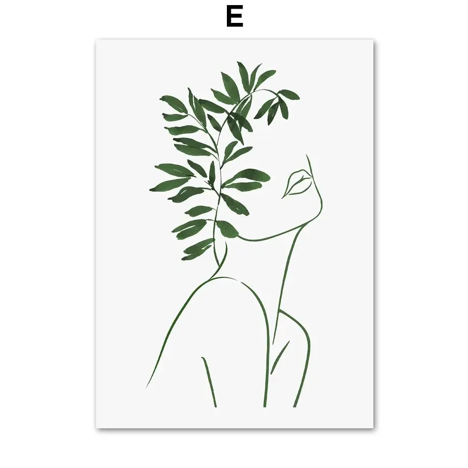 thumbnail image 1 of Cuadro sobre lienzo con arte lineal abstracto que presenta la cara de una niña y un diseño arqueado de hojas de monstera verde, carteles nórdicos para la pared de la sala de estar, 1 of 5