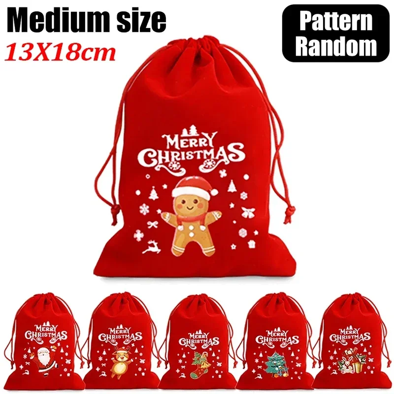thumbnail image 1 of 20/1 piezas de bolsas de terciopelo rojo para Navidad, bolsa con cordón para envolver dulces de Papá Noel, bolsa de almacenamiento para decoración de fiestas de Año Nuevo, 1 of 5