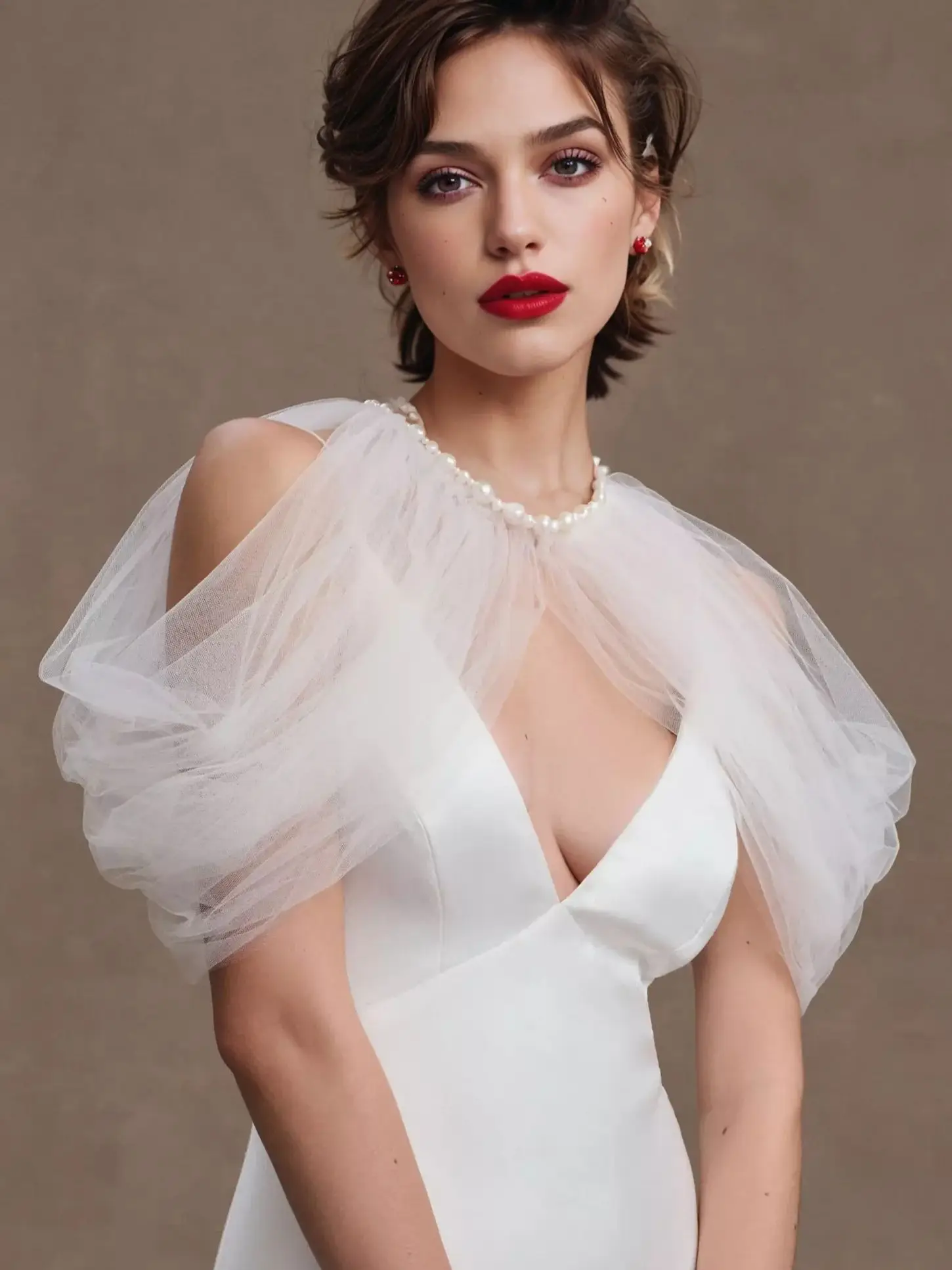 VG90 Bridal Bolero Wedding Dress Shoulder Jacket Tops Fashion Pearl Neck Shawl Soft Tulle Bolero Puff Sleeve Covers Shoulders