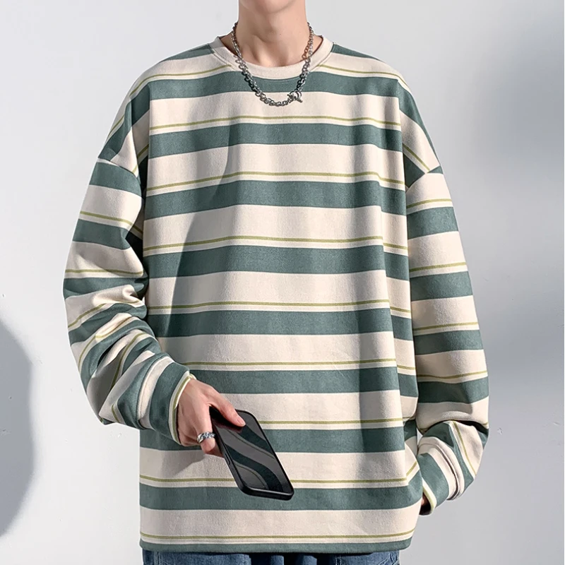 Striped Men Sweatshirts Spring Autumn Long Sleeve T-shirt O-neck Loose Korean Harajuku Casual Young Men's Streetwear Pullovers