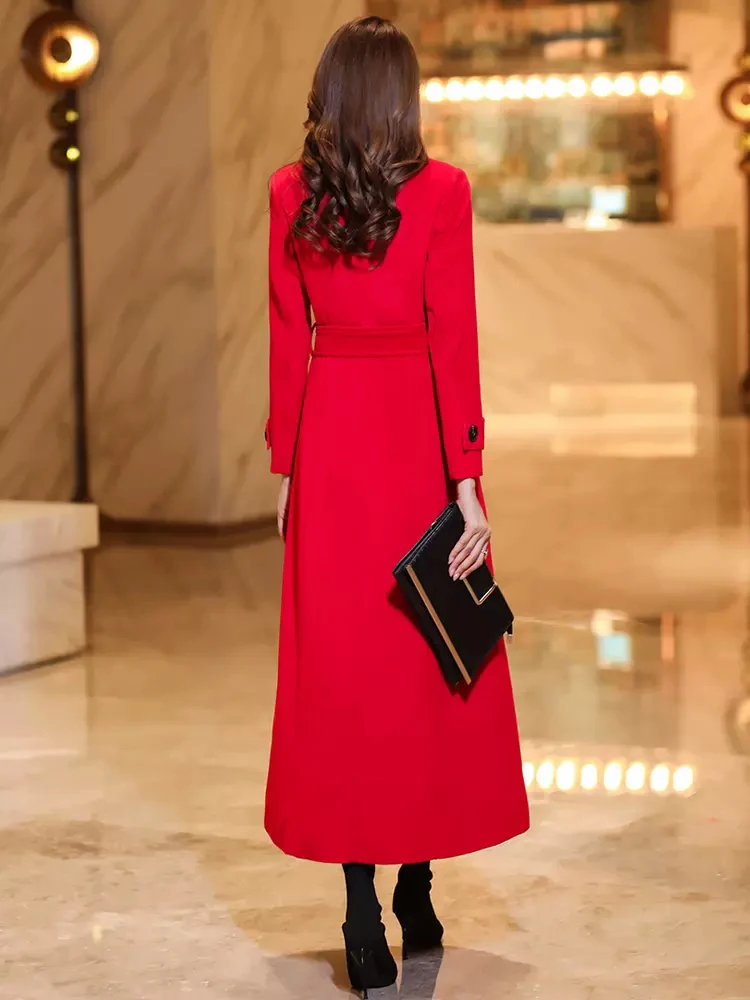 New Women White Woolen Overcoat Autumn Winter Elegant Fashion Suit Collar Lace-up Slim Wool Blended Coat Overlength Outerwear