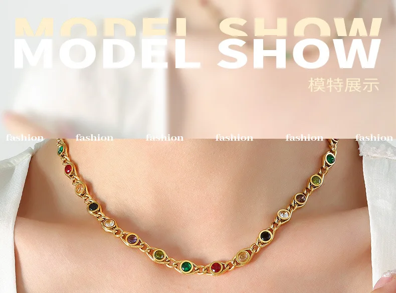 Fashion Colorful Zircon Necklace Bracelet Fashion Niche Fish Eye Stitch Chain Jewelry Set Accessories