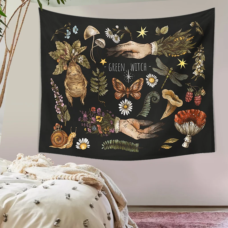 Vintage magic mushrooms Tapestry Wall Hanging witch hands mandrake root mushrooms plants Home Decor Decoration Mural Decor