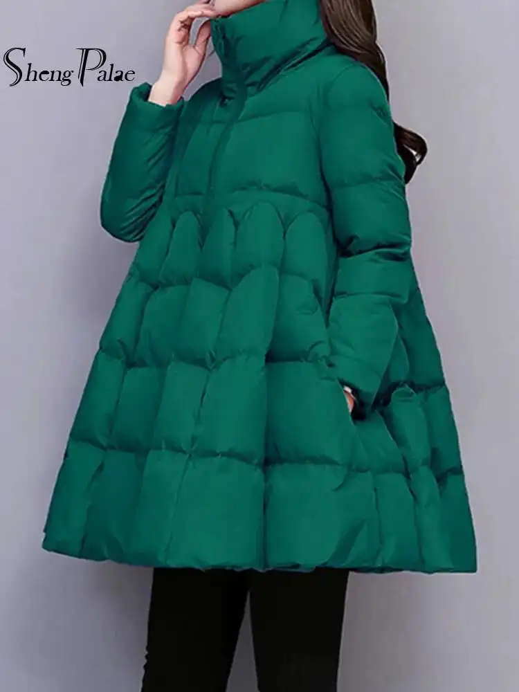 SHENGPALAE Elegant Cotton Coat Korean Stand Collar Zipper Design A-line Bottom Womne's Coats 2024 Winter New Clothing 25Z1038