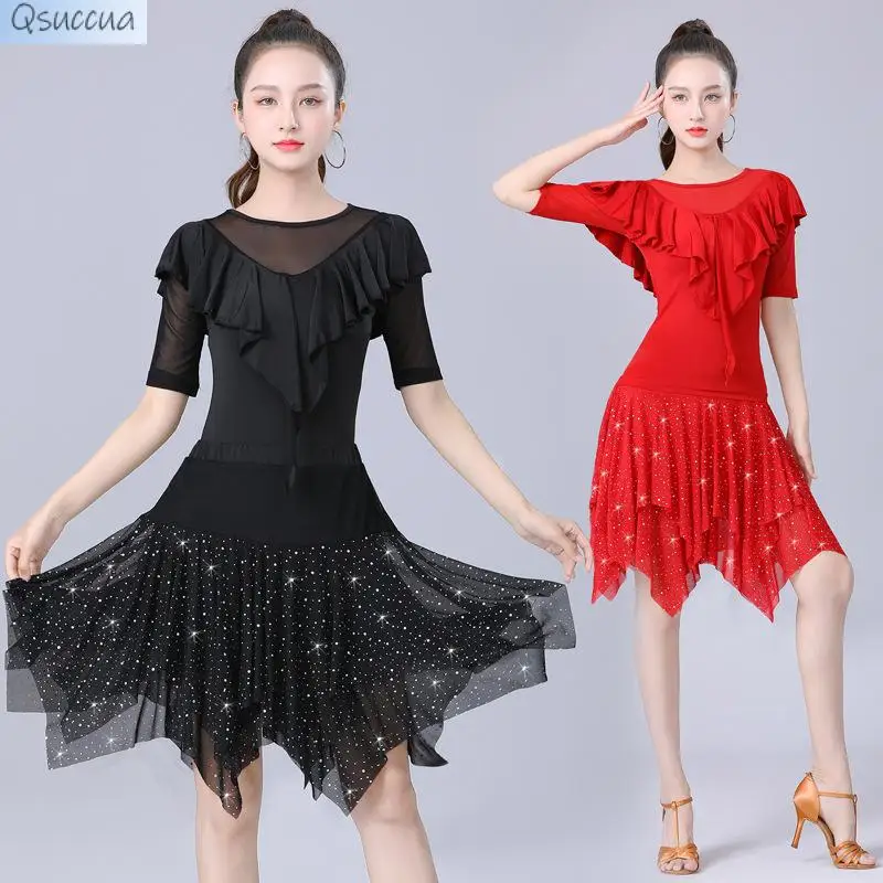 New Latin Dance Clothes Short-Sleeved Tops Performance Clothes Modern Dance Practice Clothes Ballroom Dance Suits