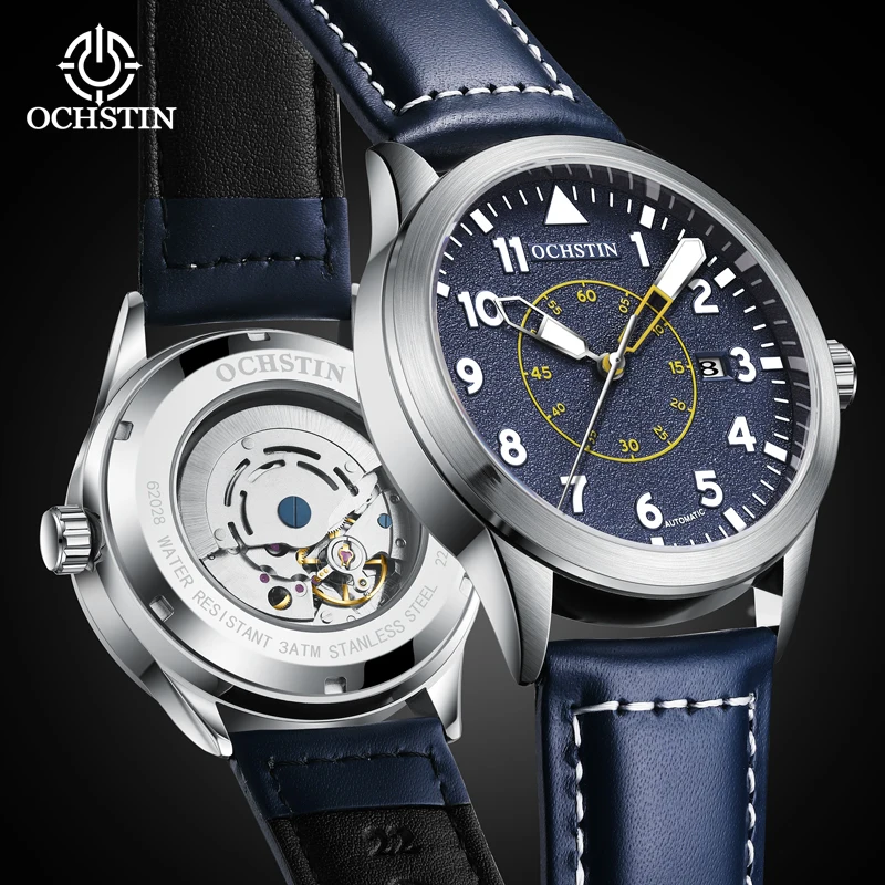 OCHSTIN Classic Mens Transparent Back Multifunctional Auto Date Week Dial Wristwatches Fashion Mechaninal Design Automatic Watch