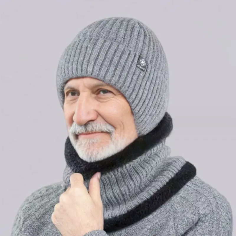 Winter 2-piece Sets For Men Dad Knit Cap Velvet Hat Coral Fleece Scarf Outdoor Riding Thickening Plus Neck Protect Cap