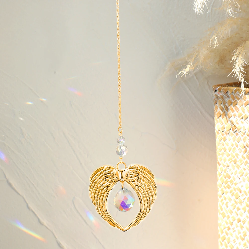 Attrape-soleil en forme d'aile d'ange, pendentif en métal avec boule de  cristal, prisme suspendu pour voiture, attrape-soleil arc-en-ciel, pour