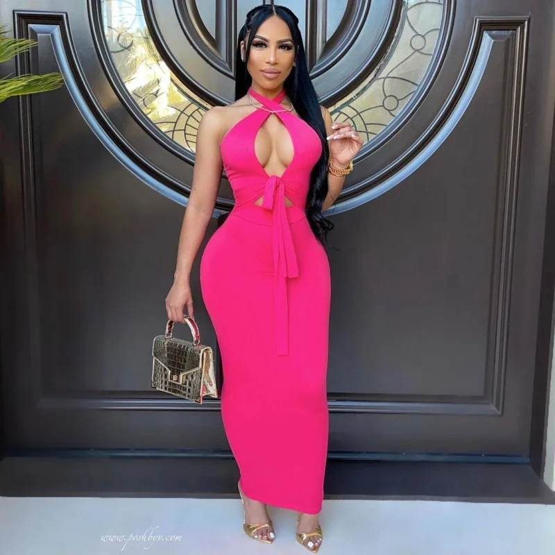 

D8273 Amazon European and American Women's Clothing New Bandage Halter Strap Nightclub Skirt Temperament Commute Dress