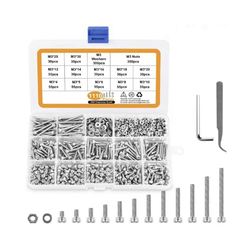 

NEW-M3 Stainless Steel Screws Nuts Washers Assortment Kit With Hex Wrenches, 1100 Pcs Hex Socket Button Head Cap Screws