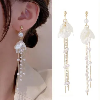 925 Silver Needle Korean Fashion White Petal Flower Earrings For Women Jewelry 2025 Trending Pearl Crystal Long Tassel Earrings