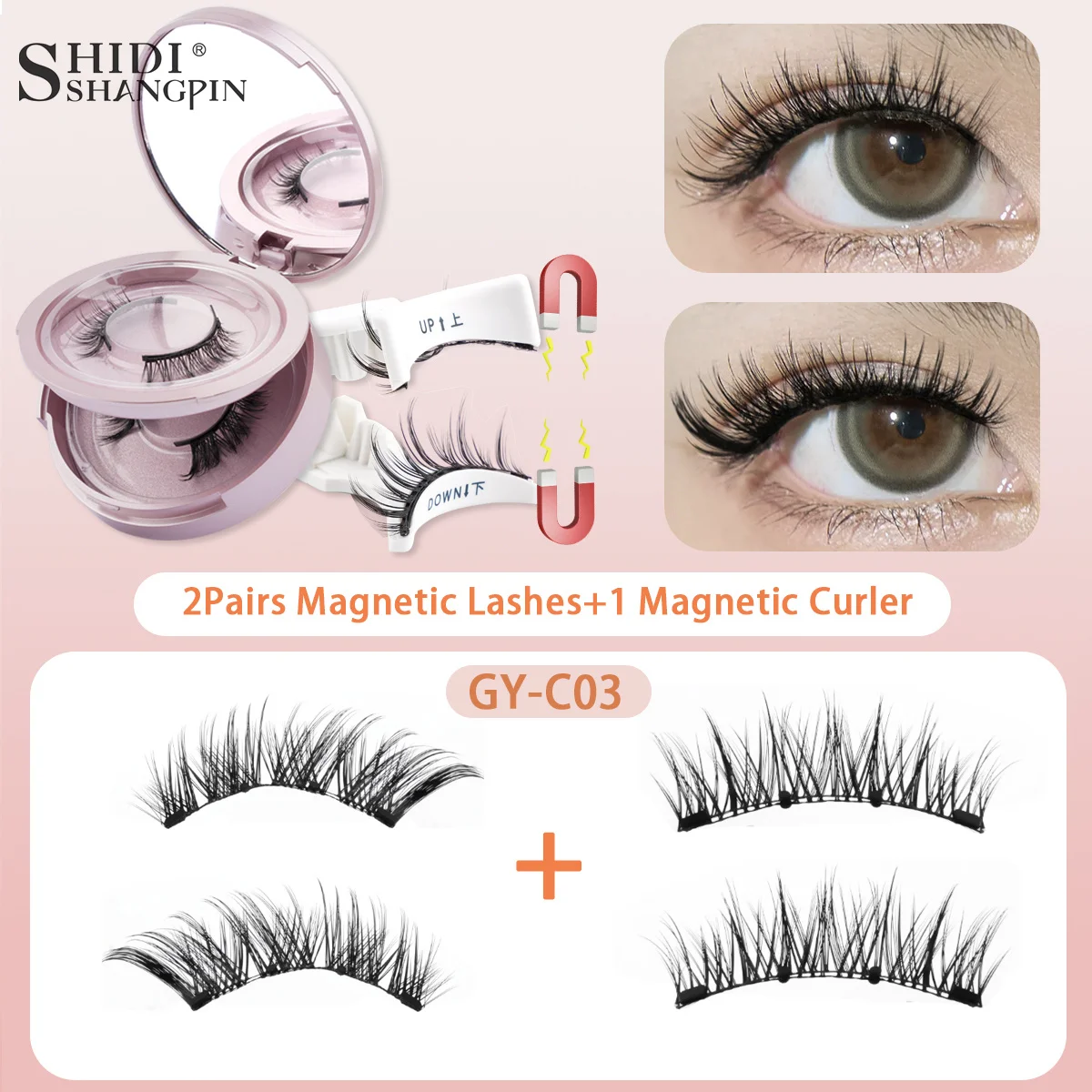 3D Magnetic Eyelash 2 Pairs Natural Fluffy False Eyelashes Waterproof Magnetic Eyelash Set with Curler No Glue Need Makeup