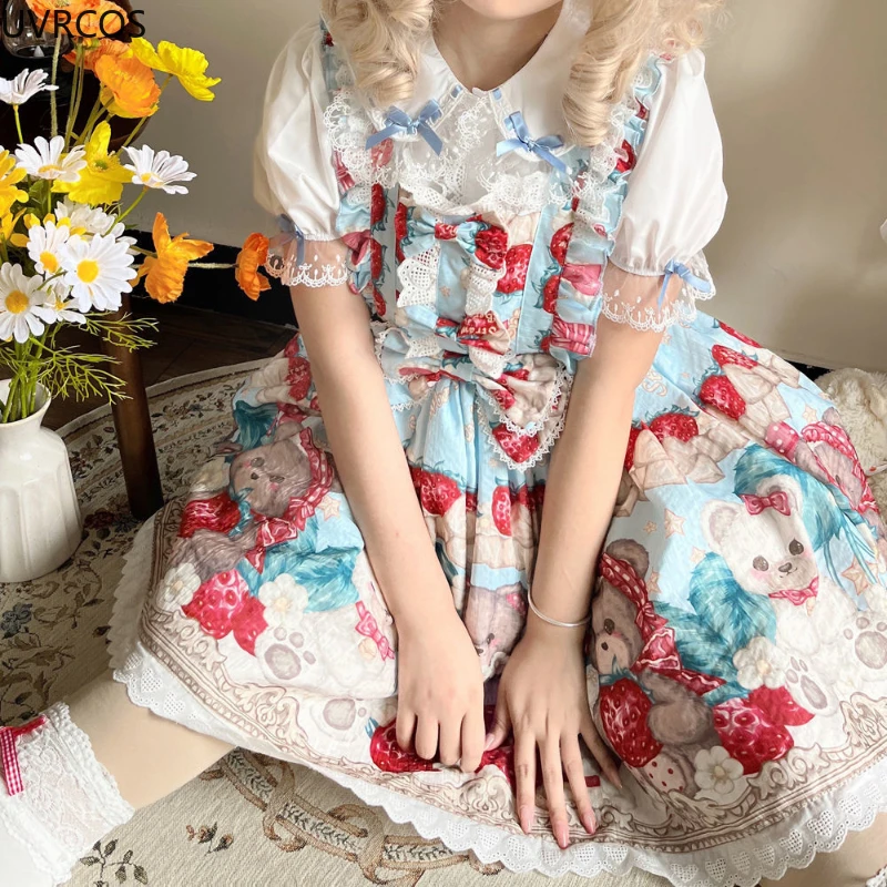 Japan Kawaii Lolita Jsk Dress women sweet Bear strawberry Print Lace Strap Dresses Girl Harajuku Princess Holiday Party Vestidos lolita dress lolita suspender dress lolita cosplay costumes suspender dress lolita skirt lolita blouses