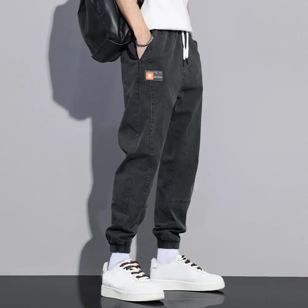 Fashionable Men Jeans Men's Loose Fit Cargo Pants with Ankle-banded Drawstring Waist Soft Warm Fabric Solid Color for Fall