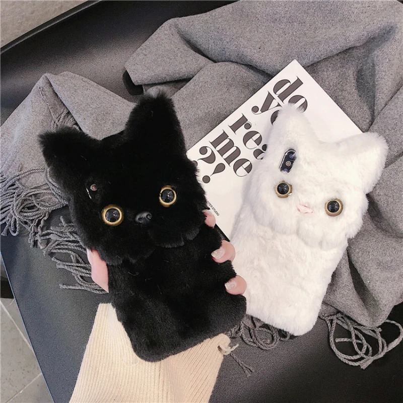 Cute 3D Cartoon Cat Furry Plush Shockproof Phone Case Cover